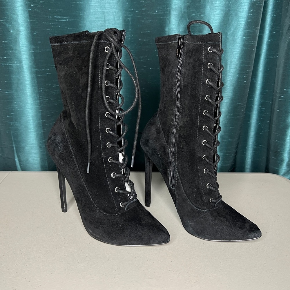 Steve Madden Satisfied Black Suede Stiletto Fetish Ankle Boots Heels Pinup Goth